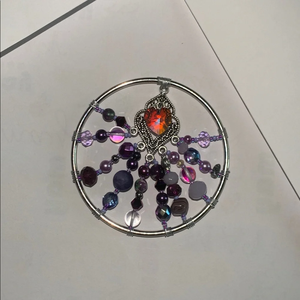 Handcrafted Silver and Purple Beaded Wire Wrapped Ornament with Hear Pendant - Picture 2 of 8